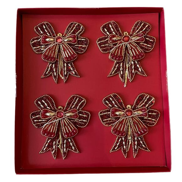 Sugarplum Dreams Beaded Bow Ornaments Set of 4 Holiday Red & Gold Glam New - Picture 5 of 13